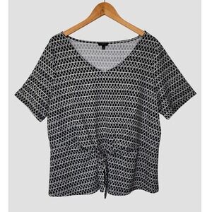 Talbots Plus 1X Black White Geometric Teardrop V-Neck Front Tie Knit Top Casual